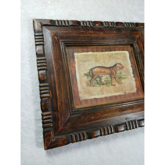 Rustic Carved Wood Frame Tiger Print Art by The Great Indoors UV Protective - Picture 2 of 11
